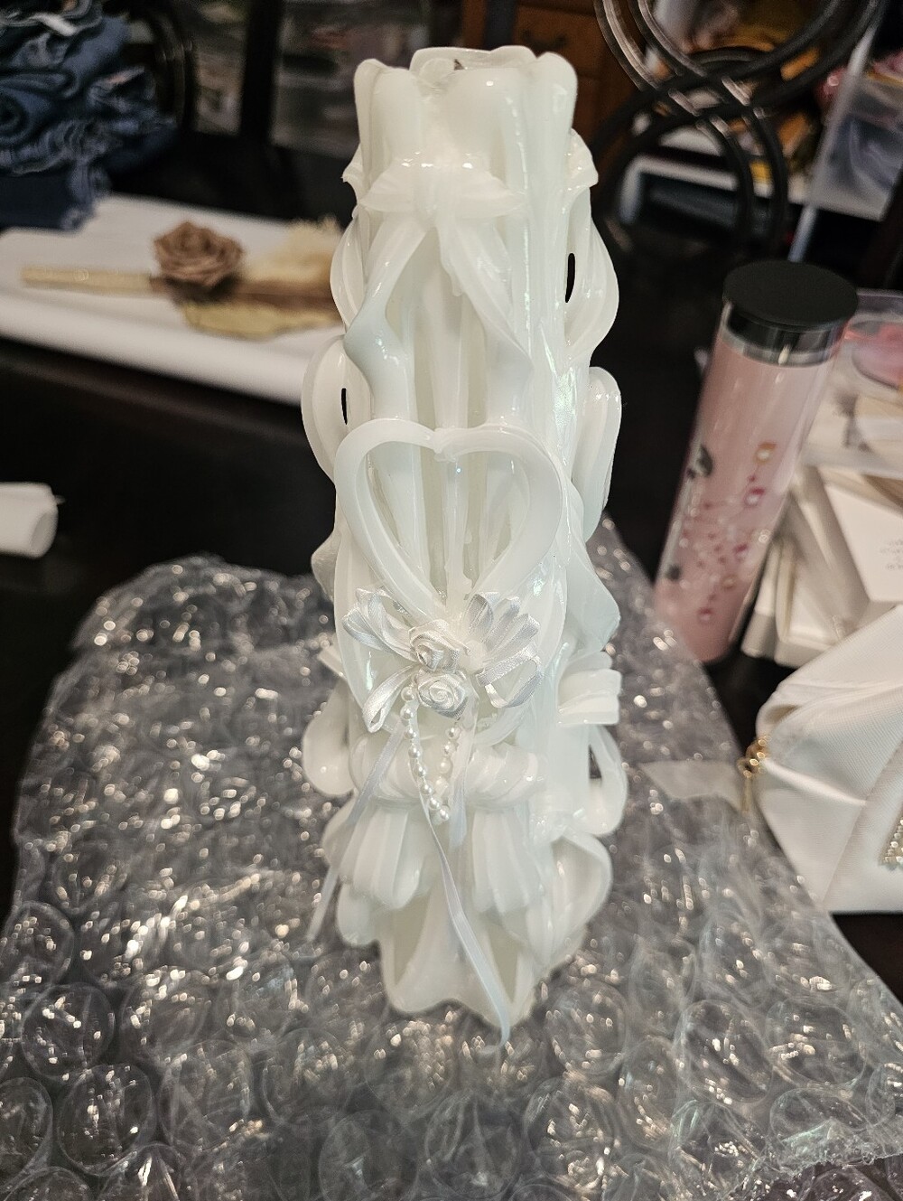 Vintage White Decorative Carved Wedding Unity Candle - Elegant Home Accent